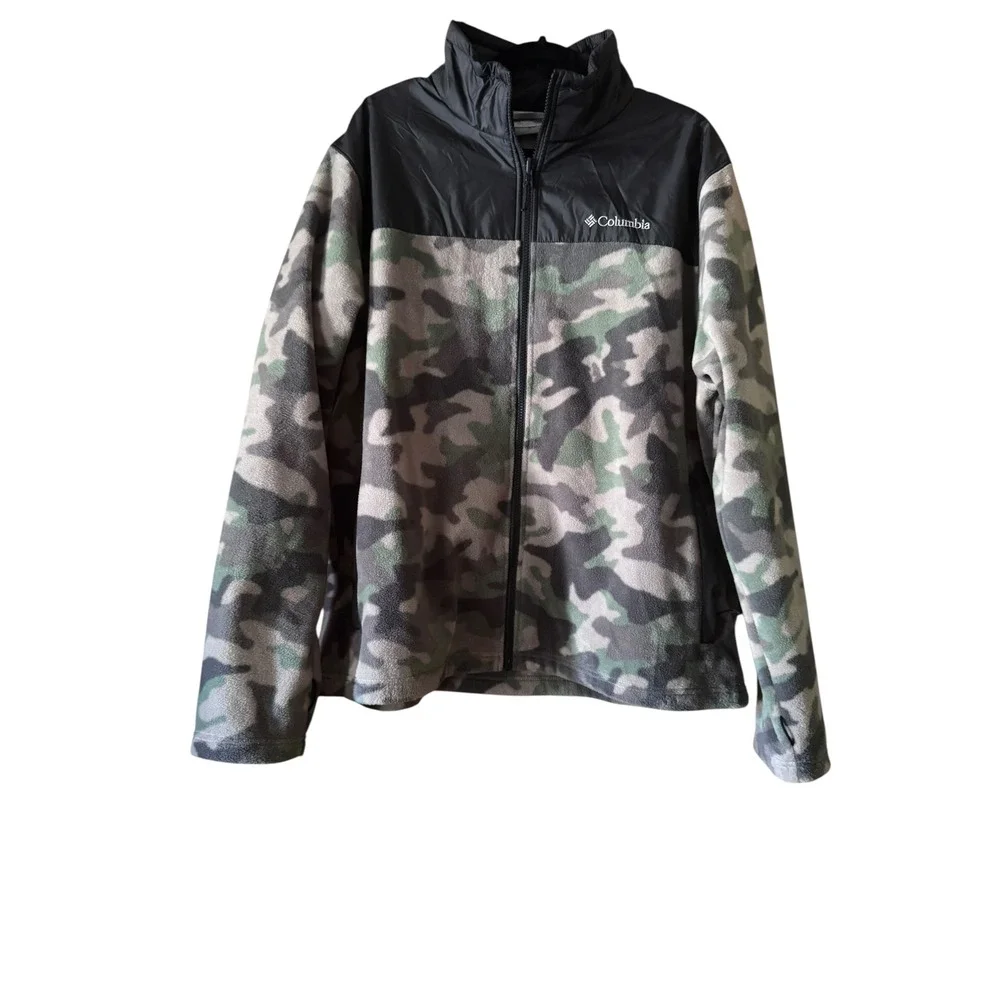 Columbia Fleece Jacket XL Green Camo Full Zip Mock Neck Gorpcore